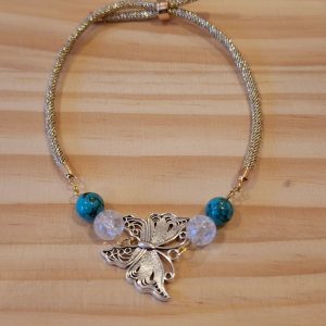 Bracelet réglable doré papillon-Turquoise/ Cristal de roche