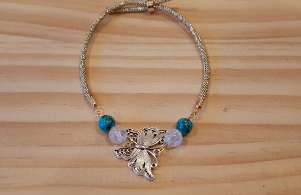 Bracelet réglable doré papillon-Turquoise/ Cristal de roche