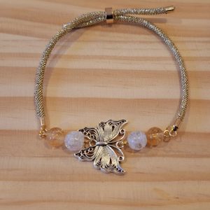 Bracelet réglable doré papillon- Citrine/Cristal de roche