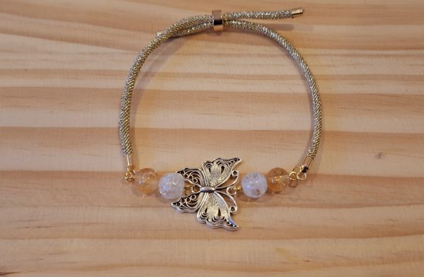 Bracelet réglable doré papillon- Citrine/Cristal de roche